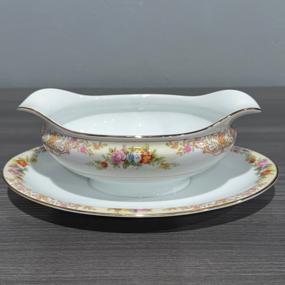 Vtg Imperial China‎ Japan Floral Gravy Boat with Attached Underplate Gold Trim